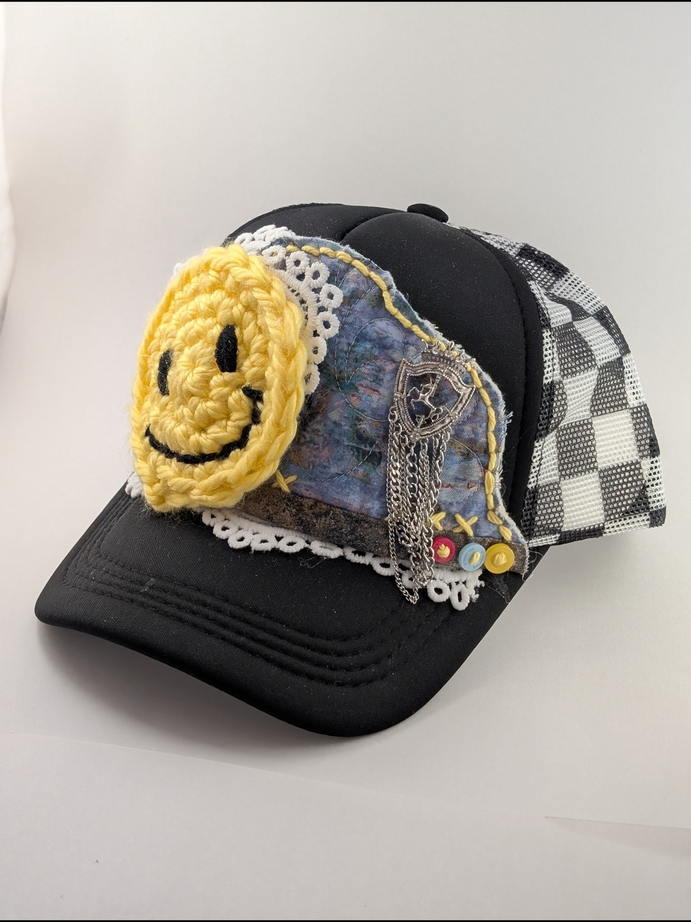 Hand Crafted Black Trucker Hat; Yellow Crochet Smile Patch Upcycled Quilt / Lace